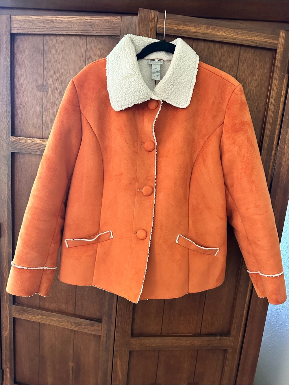 CHICOS Women's Orange Sherpa Collar Short Coat